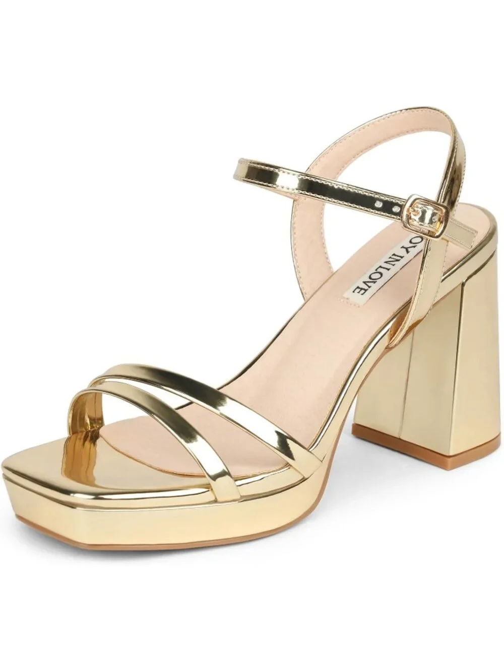 Women's Gold Patent Ankle Strap Square Open Toe Chunky Block Heel Dress Sandals